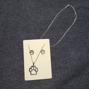 Silver Tone Paw Print Necklace Set with matching earrings